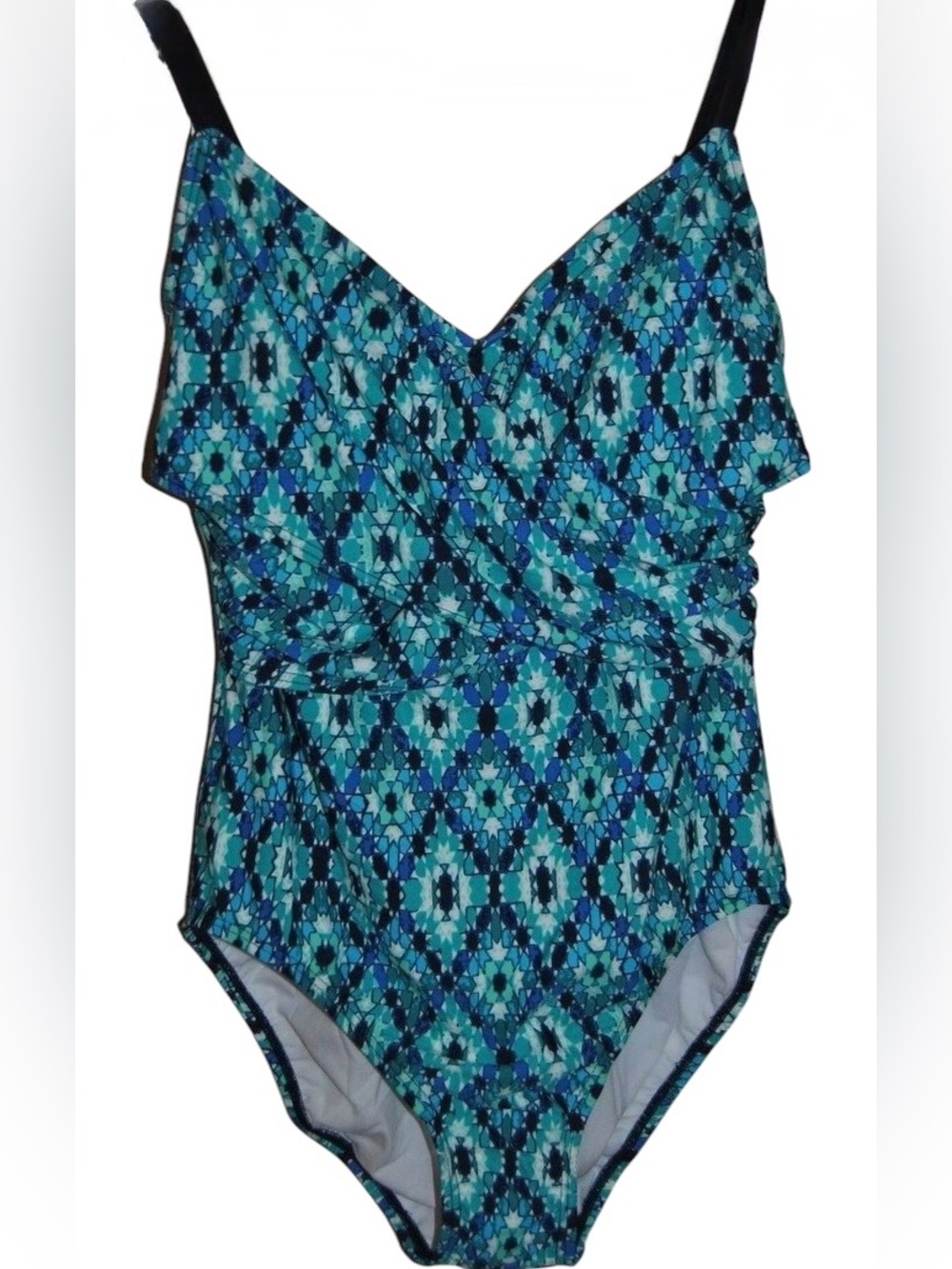 Merona ~One Piece, V-Neck Swimsuit ~ Aqua, Black & White, Triangle-Like Pattern.